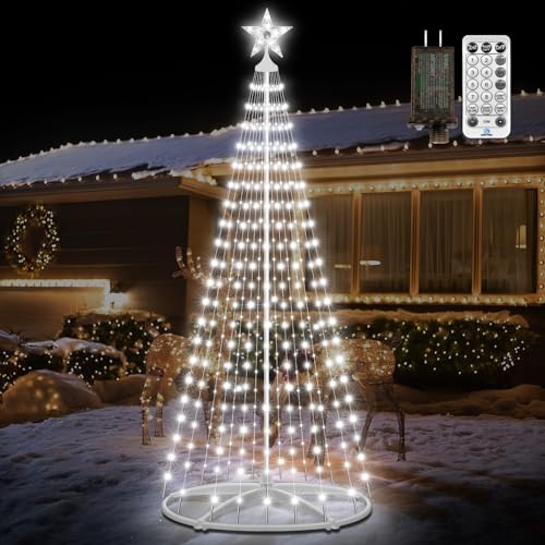 7.5ft Pre Lit Christmas Tree with 310 Cool White LEDs - Outdoor Indoor Artificial Xmas Tree with Remote Control, 12 Modes, 3 Timer Settings, IP65 Waterproof Holiday Decor for Yard, Garden, Patio