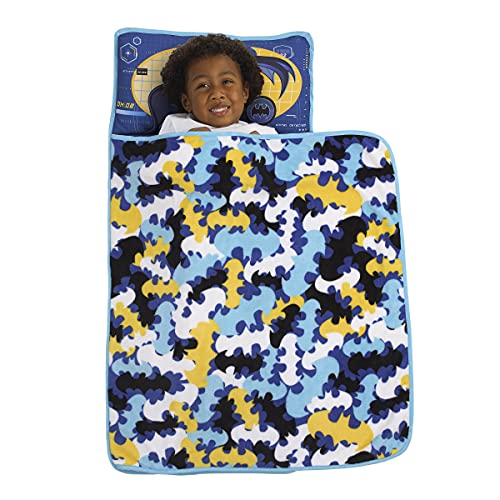 Image of Warner Brothers Batman Blue, Grey, Yellow and Black Preschool Toddler Nap Mat with Pillow, Blanket and Name Tag