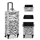 CAMORSA 3 in 1 Rolling Makeup Case, Professional Cosmetic Rolling Cases, Beauty Storage Trolley with Wheels and Folding Trays, Locks and Swivels, Zebra