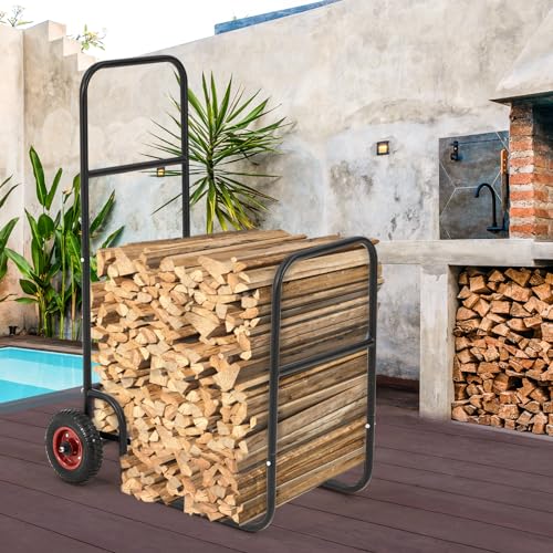 Danrelax Firewood Log Cart Carrier, Heavy Duty Steel Outdoor Wood Rack Storage Mover with Solid Pneumatic Rubber Wheels, 220 lbs Capacity, Perfect for Fireplace and Fire Pit, Black