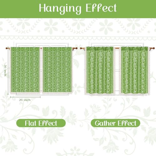 Image of Yinhua Boho Kitchen Curtains 36 Inch Length Vintage Linen Cafe Curtains Light Filtering Bohemian Floral Tier Rod Pocket Farmhouse Rustic Tassel Small Drapes with Tiebacks, 2 Panels, Green