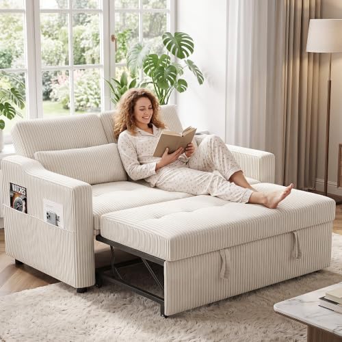 Image of 51.6 inch 3-in-1 Convertible Sleeper Sofa Bed, Pull Out Loveseat Couch with 5-Position Adjustable Backrest, USB & Type-C Ports, Side Storage Pockets, Corduroy Sofa Bed for Small Spaces