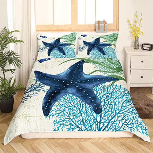 Starfish Beach Bedding Set Twin Size Kids Coastal Beach Ocean Comforter Cover Set for Boys Teens Coral Teal Blue Duvet Cover Breathable Ocean Marine Blue Green Bedspread Cover Room Decor Quilt Cover