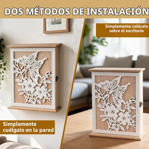 Miniatura 5 de Oupados Armario De Llaves De Madera Con 6 Ganchos Para Llaves, Diseño De Flores Y Mariposas, Color Blanco Vintage, Para Entrada, Pasillo, Oficina, Tamaño Mediano, 28,5 X 22 X 7 Cm