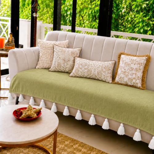 Throw Pillow Olive Green Sofa Cover with White Tassels Regular Shape Sofa Cover (3+2 Seater) OS