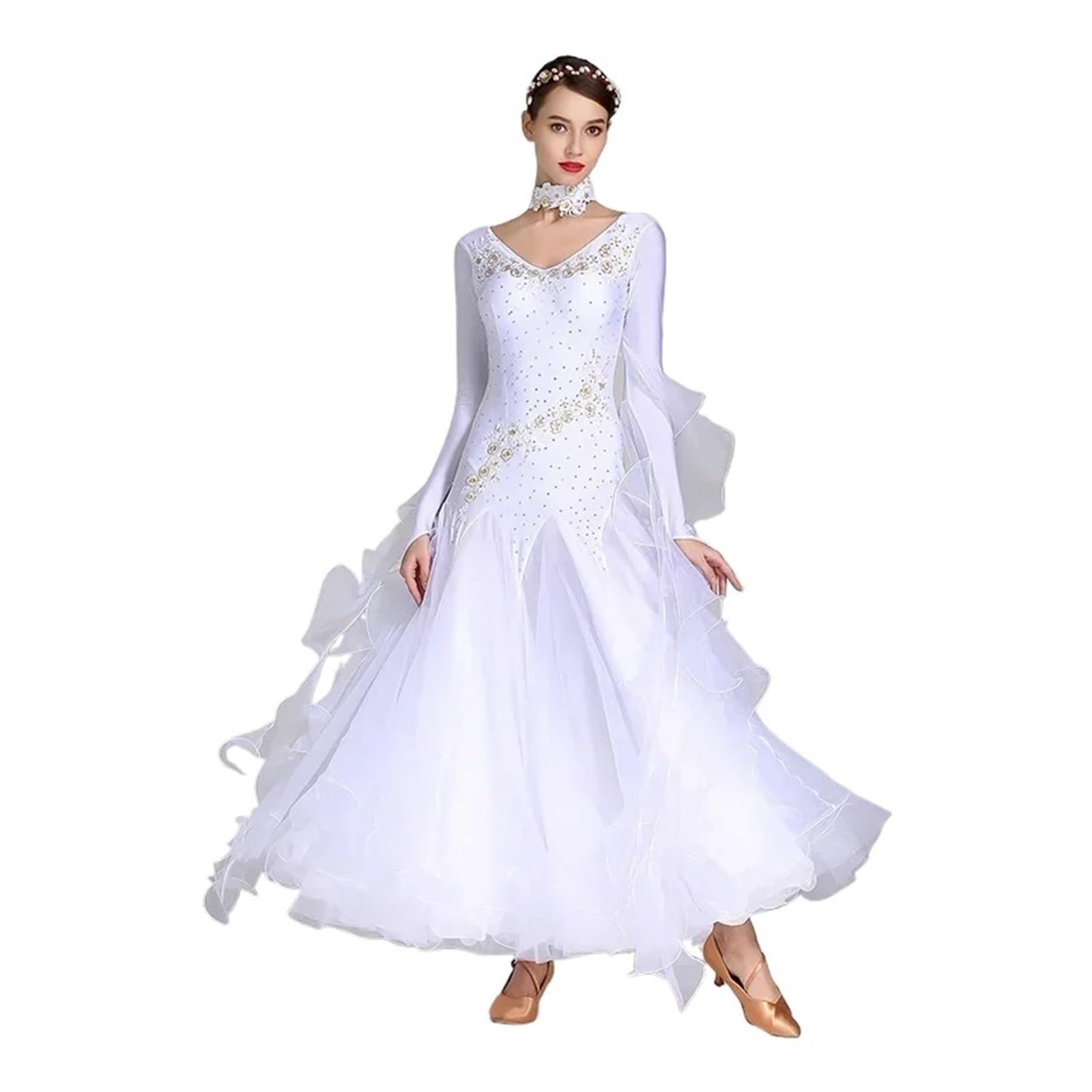 Women Competition Modern Dancing Clothes Long Sleeve Waltz Stage Costumes Ballroom Dance Dress, White, XXL