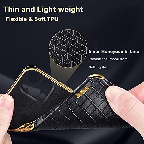 Aowner Compatible With Iphone 12 Pro Max Ring Holder Case Luxury Crocodile Cover Gold Edge 360 Degree Rotation Stand For Women Girls Slim Leather Snake Lizard Skin Protective Cover Case, 6.7 Inch #TOP3