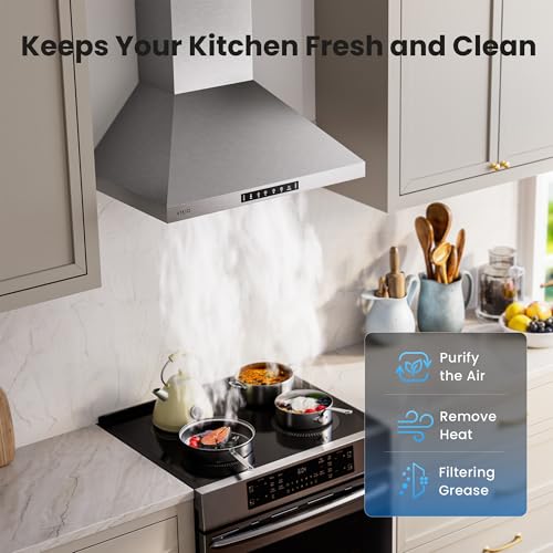 Image of VIKIO HOME 30 Inch Wall Mount Range Hood 900 CFM, Smart Gesture Touch Control, Ducted /Ductless Convertible, Permanent Baffle Filters, Stainless Steel Kitchen Vent Hood, 3-speed