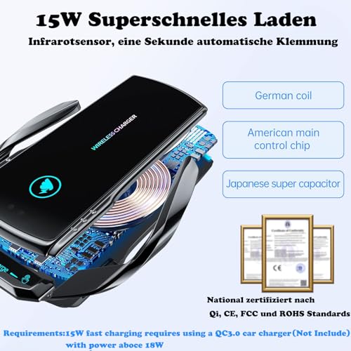 jnerkert 15W Handyhalterung Auto mit Ladefunktion,【induktiver Schalter】 Qi Induktive Ladestation Auto Kfz Ladegerät Zubehör Wireless Charger Car für jedes Mobiltelefon (Schwarz)