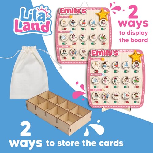 Image of Personalized Wooden Chore Chart for Kids, Daily Routine Chart for Toddlers, Visual Schedule for Kids Age 3-5, Morning Bedtime Routine for Girls (09)