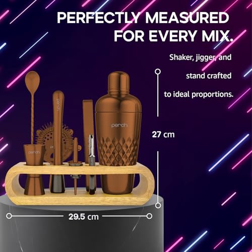 Image of O' Holic by Perch 10-Piece Bartender Kit with Mango Wooden Stand|Cocktail Shaker Gift Set with Jigger,Strainer,Spoon, Muddler,Pourers,Tongs & Corkscrew|Home Bar Accessories for Mixing Drinks|Rose Gold