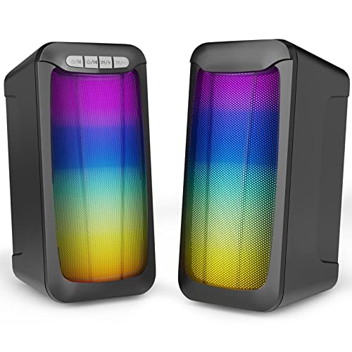 Computer Lautsprecher, 2.0 USB-betriebene PC Lautsprecher, RGB Beleuchtung Lautsprecher für PC mit Lautstärkeregler Taste, 3.5mm Aux+Bluetooth Surround Sound für Laptop,Tablets,Smartphone Cover