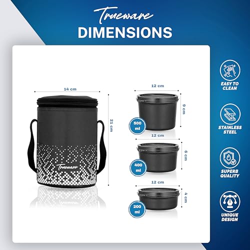 Image of Trueware Omaga Lunch Box with Insulated Fabric Jacket, 3 Microwave Safe & Leak Proof Inner Stainless Steel Containers (1 x 200ml, 1 X 400ml & 1 X 500ml) Tiffin for Office, College