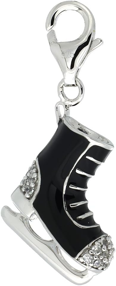 Sterling Silver Enamel Black Ice Skate Charm with Lobster Clasp for Bracelets Women CZ Accent 7/8 inch