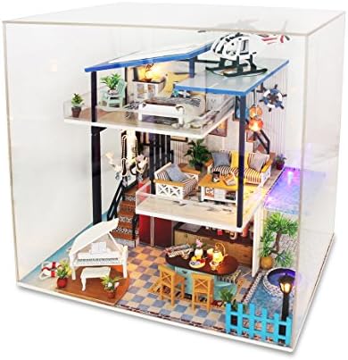 Flever Wooden DIY Dollhouse Kit, 1:24 Scale Miniature with Furniture, Dust Proof Cover and Music Movement, Creative Craft Gift with Chinese Style for Lovers and Friends-Triangel in Blue sea