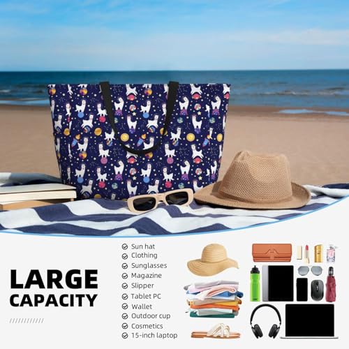 Large Beach Bags Water-resistant Sandproof - Cute Alpaca Starry Sky Planet Cute Beach Tote Bags for Women with Zipper4