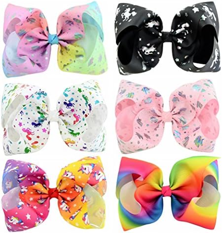 YHXX YLEN 6 Pcs 8 Inch Large Colorful Bow Hairpin Girls Bows with Clip Hair Bows (802)