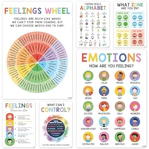 BEAWART 6 Calming Corner Classroom Posters, Feelings Wheel Chart & Emotions Poster For Kids, Calm Down Corner Supplies For Therapy Office Decor, Mental Health Wall Decorations For Preschool Teachers