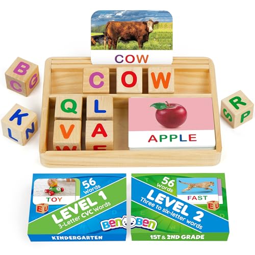 Image of BenBen Spelling Games with Flash Cards, 112 Words, Montessori Toys for 3 4 5 6 Years Old Kids, Wooden Matching Letters Games, CVC Word Educational Learning Toys, Gift for Preschool Kindergarten