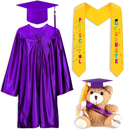 Unittype 4 Pcs 2026 Preschool Graduation Gown Cap with Tassel Graduation Stole Stuff Plush Bear Set for Kids Gift(Purple)