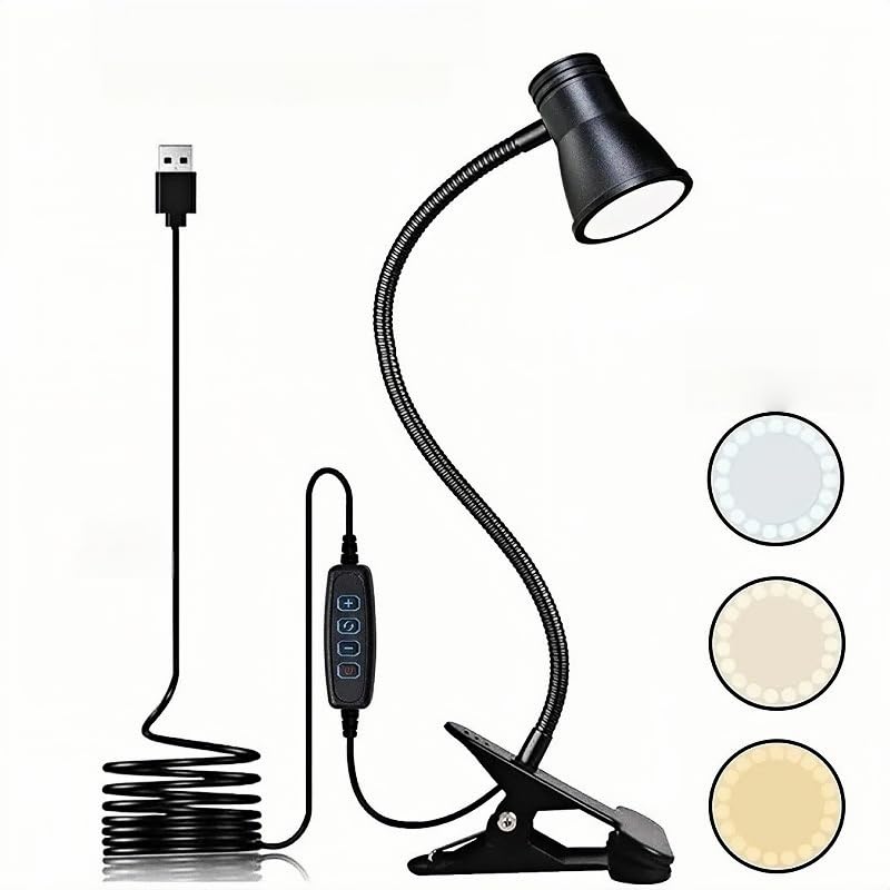 Ansilhus USB LED Desk Lamp with Clip - 3 Light Modes, 10 Dimmable Brightness Levels, Eye-Caring Reading Light for Bed, Headboard, Studying and Working
