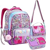 Kit Escolar Feminino com Mochila de Costas, Lancheira Térmica e Estojo para 100 Canetas, Design Estiloso, Material Reforçado, Alças Confortáveis, P/Meninas Juvenil (Kit Material Escolar)