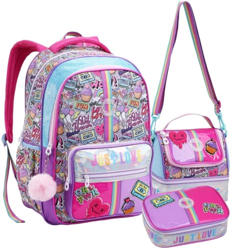 Kit Escolar Feminino com Mochila de Costas, Lancheira Térmica e Estojo para 100 Canetas, Design Estiloso, Material Reforçado, Alças Confortáveis, P/Meninas Juvenil (Kit Material Escolar)