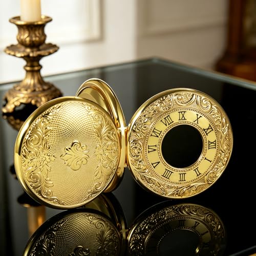 Image of TREEWETO Men's Mechanical Skeleton Pocket Watch for Mens Women Blue Roman Numerals Dial Double Case Pocket Watches