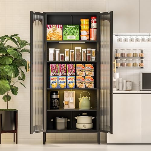 71-Kitchen-Pantry-Storage-Cabinet-Metal-Display-Cabinet-with-Glass-Doors-and-Lights-Tall-Storage-Cabinet-with-Adjustable-Shelves-Kitchen-Pantry-Cabinet-for-Dining-Room-Living-Room-Black 71 Kitchen Pantry Storage Cabinet Metal Display Cabinet with Glass Doors and Lights Tall Storage Cabinet with Adjustable Shelves Kitchen Pantry Cabinet for Dining Room Living Room Black