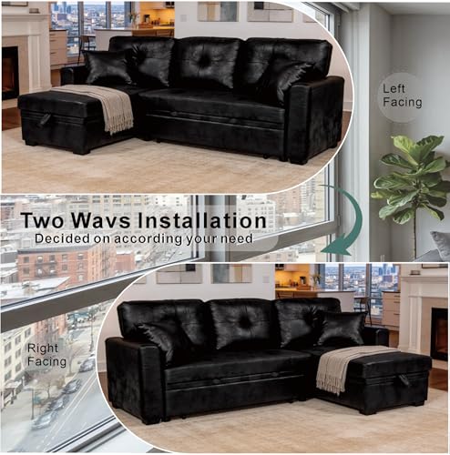 Image of KEIKI 71 inch Sectional Sleeper Sofa with Pull Out Bed, L Shaped Sleeper Sofa with Reversible Chaise, 3 Seater Modular Sectional Sofa with Storage for Living Room, Classic Black