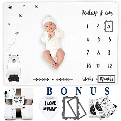 Image of SZWICS Milestone Blanket for Baby Boy. Baby Monthly Milestone Blanket with Cards to Mark Milestones. Baby Boy Gifts for Baby Shower. Baby Boy Stuff. Nursery Décor. Photography Props