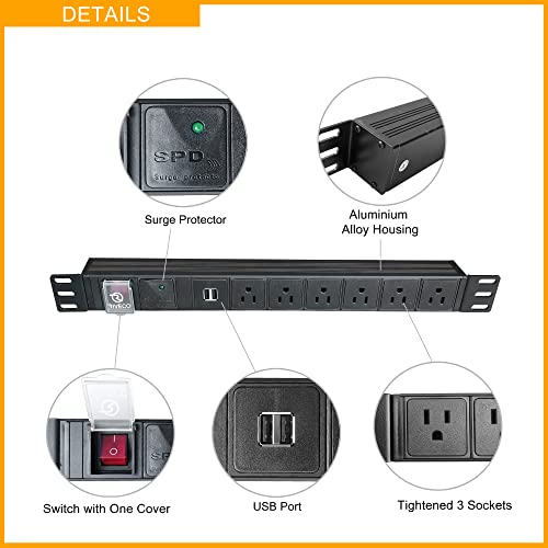 RIVECO PDU 6 tomas con 2 puertos USB, Multitoma de rack flexible para gabinete de servidor 19", con protector contra sobretensiones para dispositivos de red y audio, 1U Negro miniatura 3