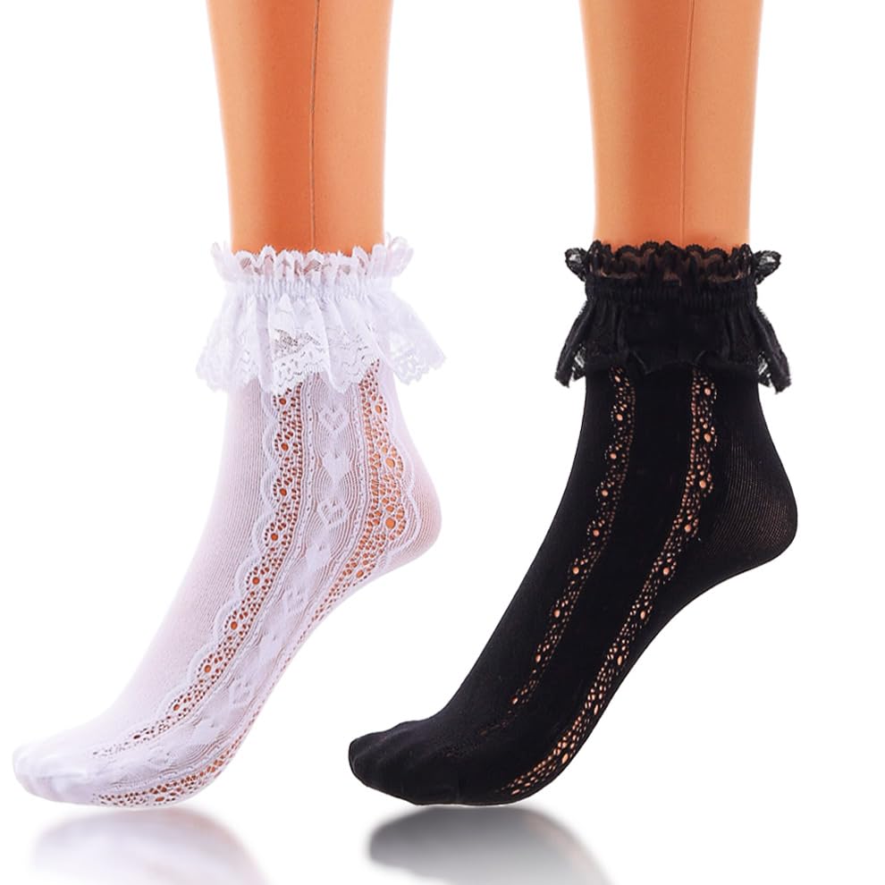 Ruffle Socks Frilly Socks Cute Sheer Socks Black white Ankle Socks for Women 2 Pairs