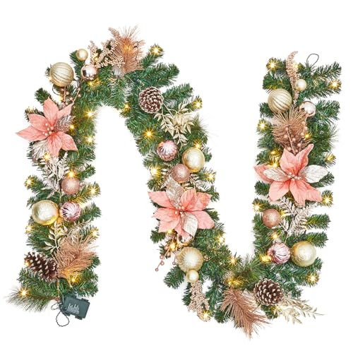 Garvee 9 ft Christmas Garland for Mantle, Pre-Lit Christmas Garland with Battery Operated 40 LED Lights Timer Ball Ornaments for Outdoor Fireplace Table Stair Railing Decoration (Rose Gold)
