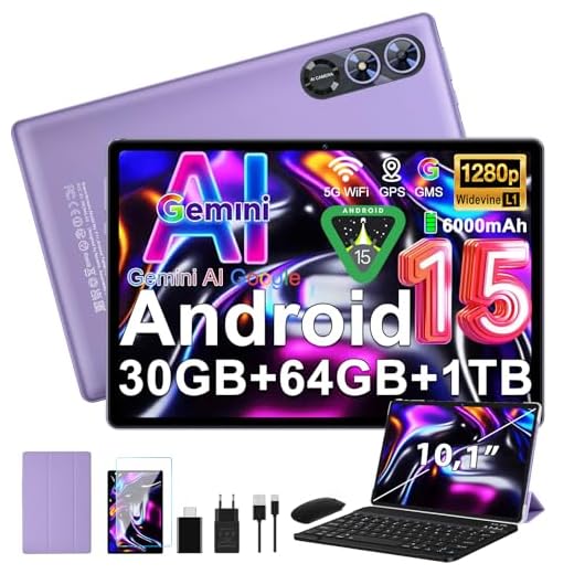 fezawio Android 15 Tablet 10 Pulgadas Gemini AI, Tablet PC Octa-Core, 30 GB RAM + 64 GB ROM (1TB TF), 3.5mm Audio/GMS/WiFi 6 & BT 5.0 / 6000mAh / GPS/Widevine L1, Tableta con Teclado-Morado