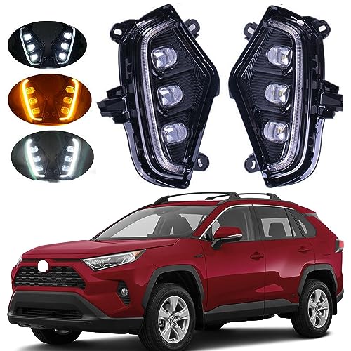 Tiny Force Pair High-profile Version LED Daytime Running Lights Fog Lights Assembly Compatible with Toyota RAV4 2019-2022 With DRL Amber Turn Signal Lamps & 3 Eyes Rav4 Daylights with Bezel