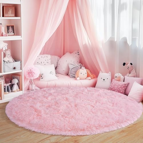 5'x5' Round Pink Rugs for Girls Bedroom, Ultra Soft Fluffy Circle Rug for Kids Room, Cute Shag Rugs for Living Room Playroom Tent Castle Home Decor Rug