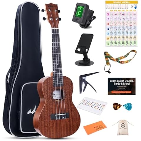 ADM Ukulele Beginner Kit Mahogany Hawaiian Wood Ukelele Bundle Ukalalee Set with Uke Free Starter Lessons for kids Students and Adults, Yellow Brown (Khaki, 23 inch) Cover