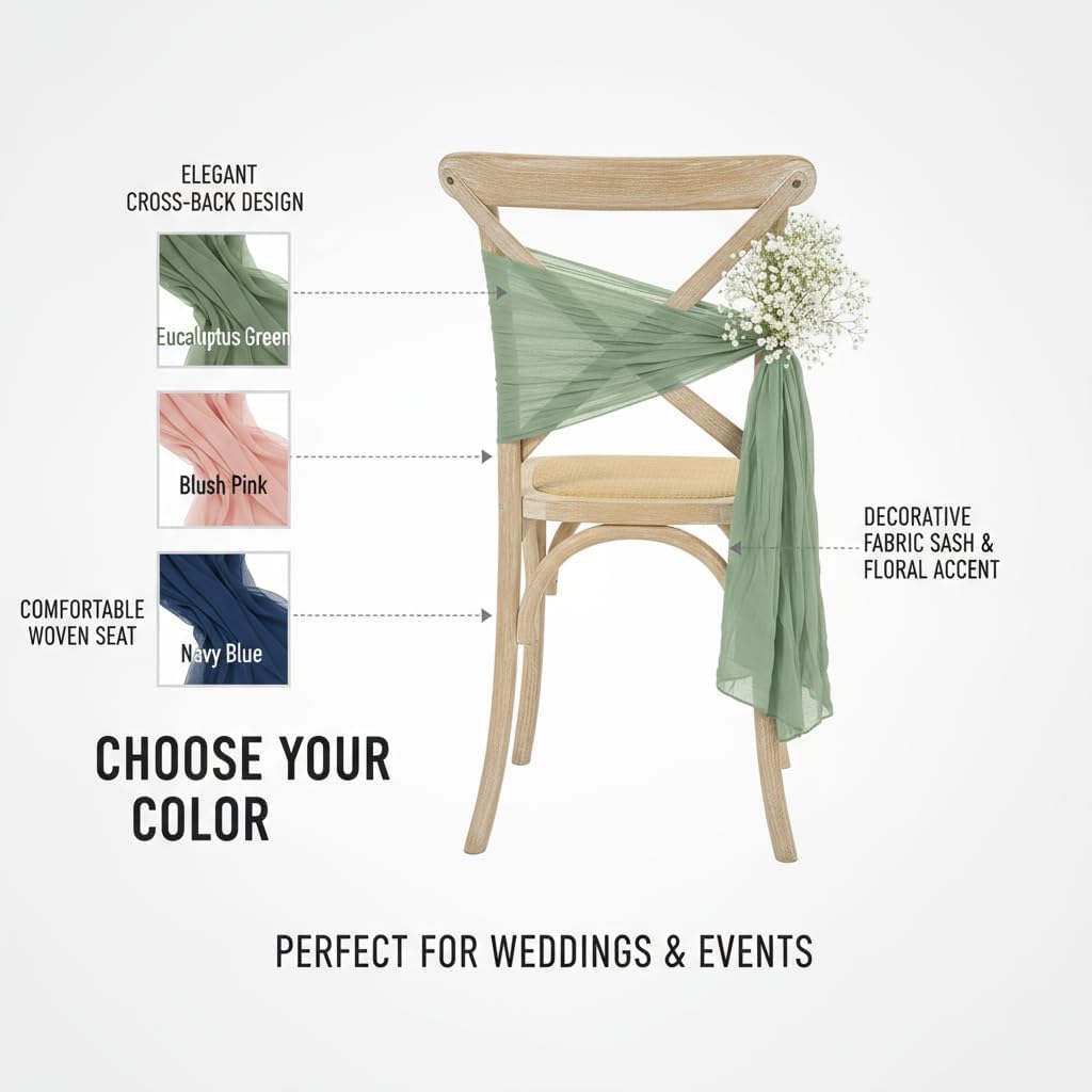 Sage Green Wedding Chair Sashes: 16 Packs Cheesecloth Chair Cover with Artificial Eucalyptus - Reception Party Hotel Aisle Decoration