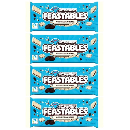 Feastables MrBeast Cookies & Creme Cioccolato Bianco 4 x 60g – Barretta di Cioccolato con Pezzetti di Biscotto – 240g Box
