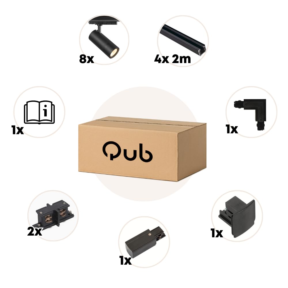 Qub Zoom LED Schienensystem – L-Form – 2 x 400cm – 8x Spots – 3-Phasen – Deckenstrahler Schwarz – Einstellbare Helligkeit 20W/25W/30W – Farbtemperatur 2700K/3000K/4000K (Warmweiß bis Tageslichtweiß)
