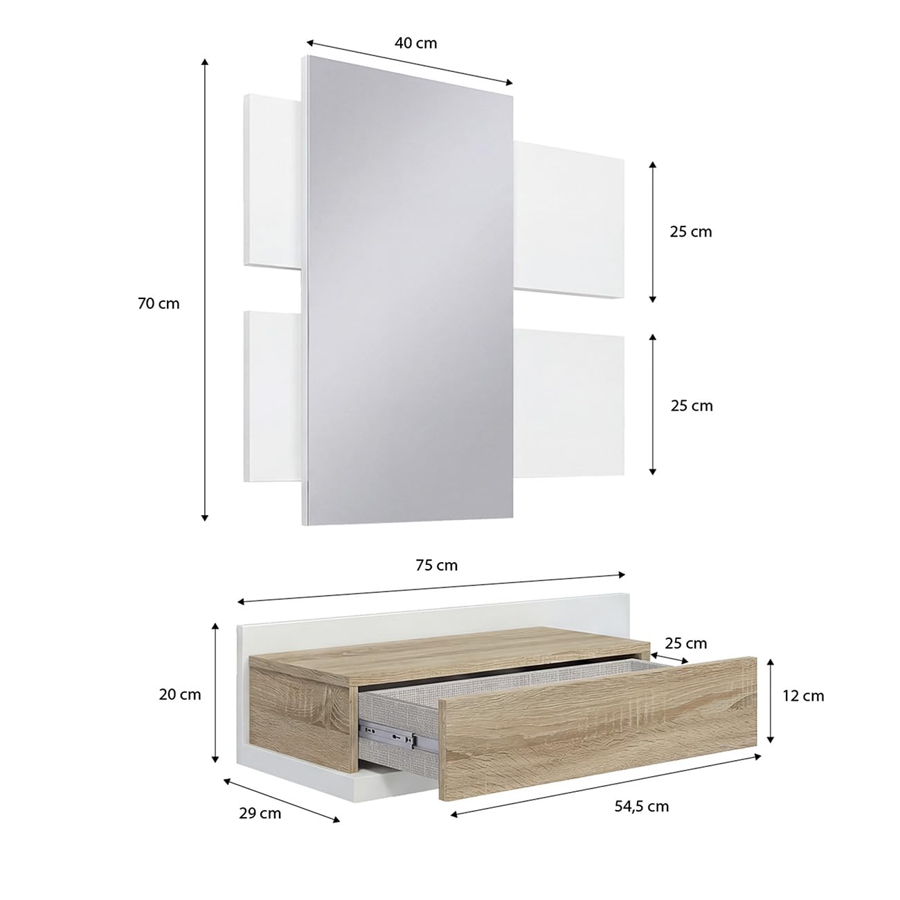 duehome | Recibidor con cajón y Espejo, Mueble de Entrada, Modelo Milo, Acabado en Blanco Artik y Roble Canadian, Medidas: 75 cm (Largo) x 29 cm (Fondo) x 116 cm (Alto)