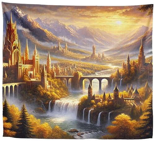 Xolytar Fügen Sie einen Hauch von Fantasie mit diesem Wandteppich \"Elfenschloss\" hinzu. Mit einem goldenen Schloss zwischen nebligen Bergen und Wasserfällen schafft es eine magische Atmosphäre. Xolytar Fügen Sie einen Hauch von Fantasie mit diesem Wandteppich \"Elfenschloss\" hinzu. Mit einem goldenen Schloss zwischen nebligen Bergen und Wasserfällen schafft es eine magische Atmosphäre.