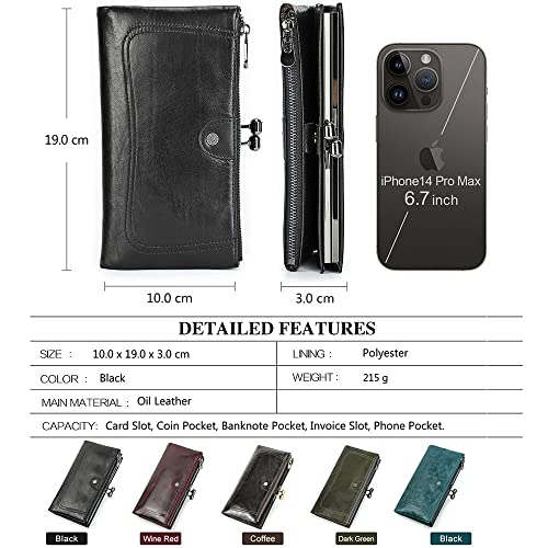 Image of CONTACTS Full Grain Leather Kiss Lock Wallet for Women Vintage Clutch Wallet RFID Bifold Phone Wallet Card Holder