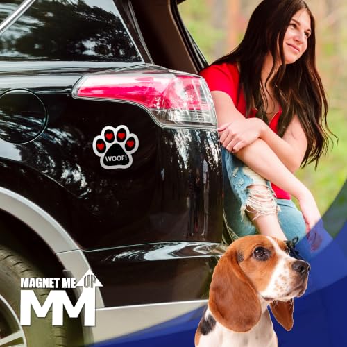 Image of Magnet Me Up Woof! with Heart Pawprint Magnet Decal, 5 Inch, 2 Pack, Heavy Duty Automotive Accessory Magnet for Cars, Trucks, and SUVs, UV- Printed, Vinyl, Crafted in USA