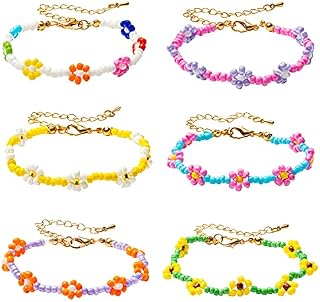 6 Flower Bead Bracelets for Women Girls Colorful Adjustable Fashion Women Bracelets Anklets Vsco Boho Beach Princess Braided Bracelets Y2K Aesthetic Friendship Jewelry Christmas Birthday Party Gift
