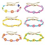 PANTIDE 6Pcs Colorful Daisy Flower Bead Bracelets Set Indie Handmade Beaded Flower Bracelets Anklets...