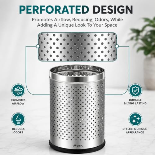 Image of mofna Stainless Steel Perforated Silver Dustbin for Home, Trash Can with Anti-skid Base, Garbage Bin for Bathroom, Office, Kitchen Commercial Use- (8x12 In -10 Liter, Pack of 2)