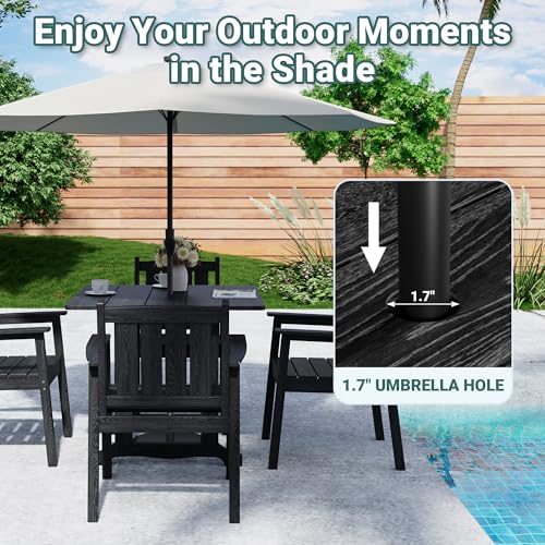 Image of Pamapic 5 PCS Outdoor Dining Set, Spacious HDPE Outdoor Table and Chairs, Wood Grain Patio Furniture Sets with Elegant Armrest, All-Weather Patio Dining Table with Umbrella Hole, Black