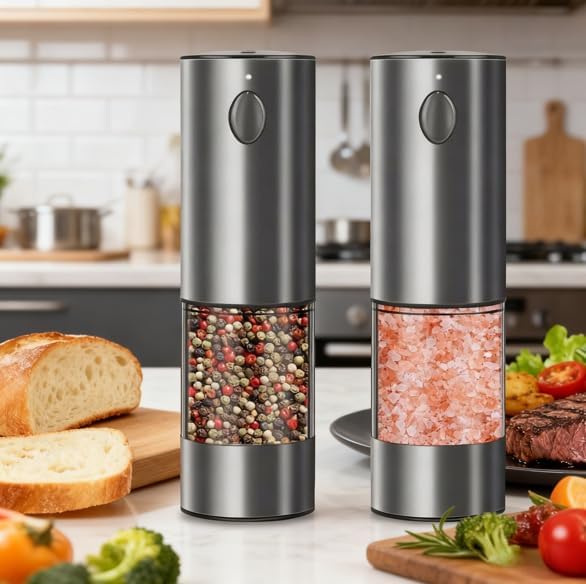 Electric Salt and Pepper Grinder Set, Battery-Powered, Adjustable Coarseness, Automatic Spice Grinder, Durable Plastic, Set of 2